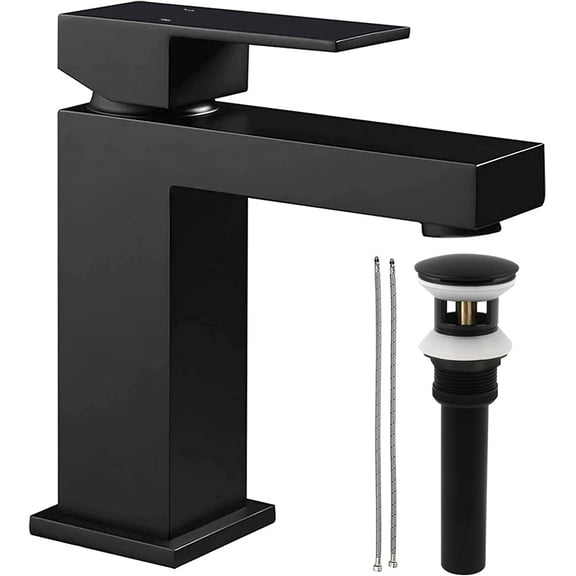 Bathroom Faucet Black, Modern Lead-Free Lavatory Bathroom Sink Faucet with Pop Up Drain, Solid Square Single Handle Bathroom Sink Basin Vanity Sink Faucet for 1 Hole