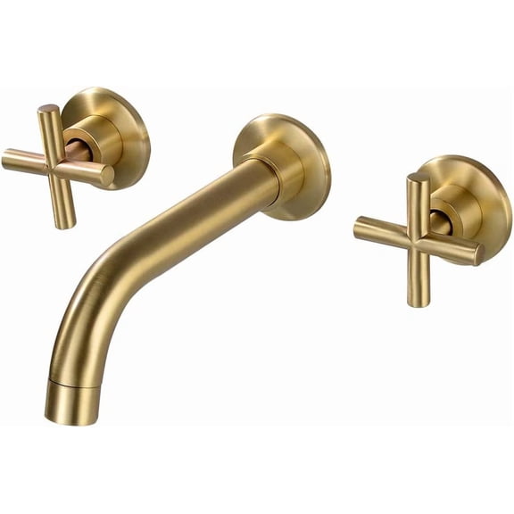 Bathroom Faucet, Brass Brushed Gold 2 Handle Wall Mounted Bathroom Sink Faucet with Rough-in Valve Tub Mixer Faucet Taps