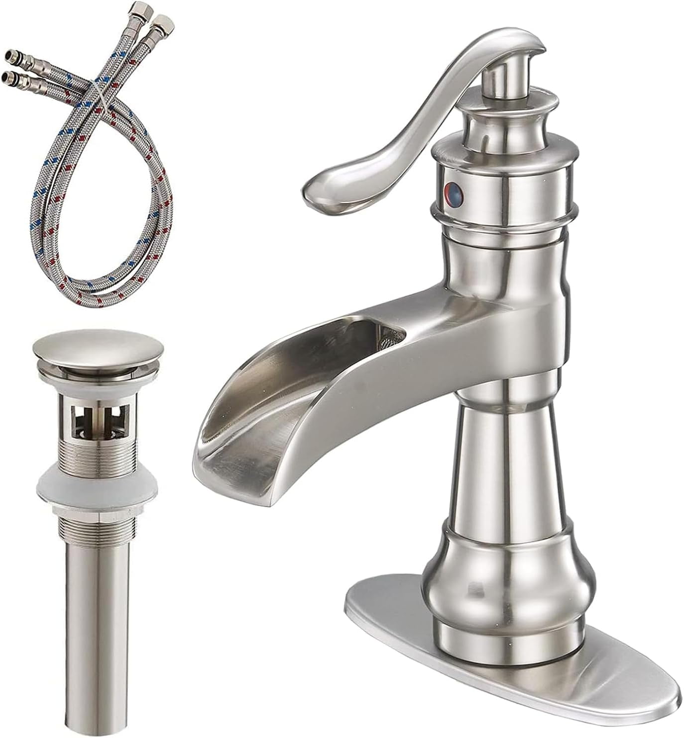 Brushed Nickel Waterfall Single Handle Bathroom Faucet with Pop-Up Drain