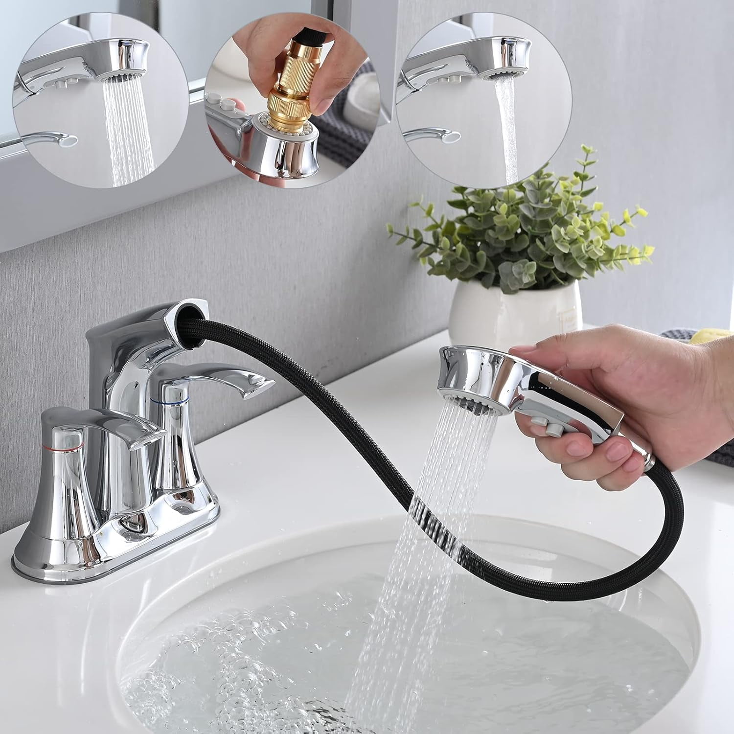 4 Inch Centerset Pull-Down Bathroom Sink Faucet - Black 2 Handle With Sprayer & Drain