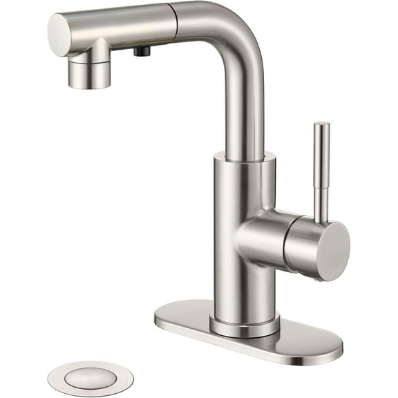 Bathroom Faucet with Pull Out Sprayer, Brushed Nickel Single Handle Bathroom Faucet for 1 or 3 Hole Bathroom Sink, Pull Down Bathroom Sink Faucet with Rotatable Spout Pop Up Drain