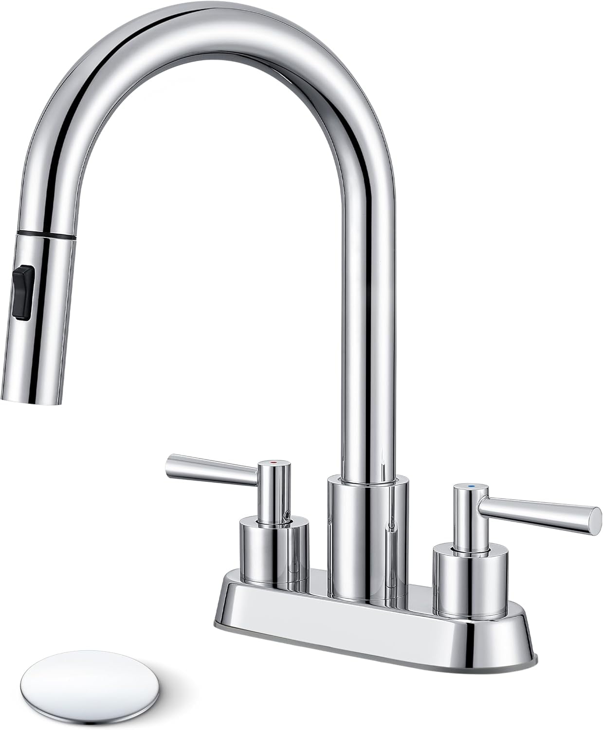 Bathroom Faucet with Pull Out Sprayer, Chrome Bathroom Faucet 3 Holes, 2 Handle Bathroom Sink Faucet with 360 Degree Swivel Spout, Pop Up Drain Assembly Included