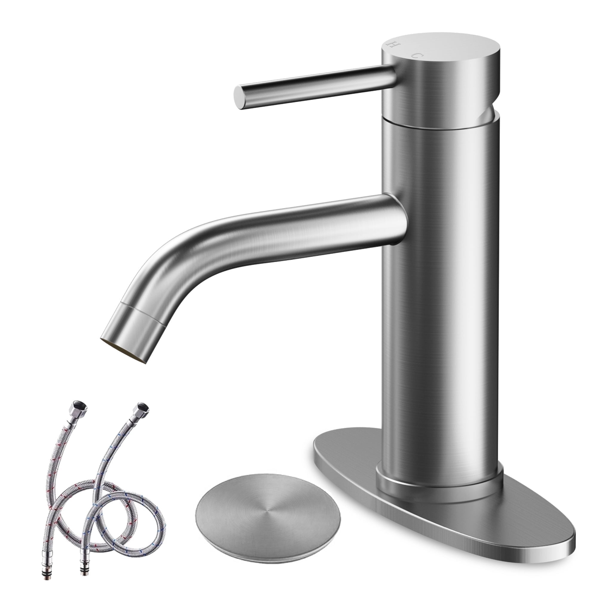 Bathroom Faucet, Silver Bathroom Faucet Single Handle Bathroom Faucet Modern Single Hole Faucet Bathroom with Pop-up Sink Drain Stopper & Deck Plate 1 or 3 Hole Bathroom Faucet(Brushed Silver)