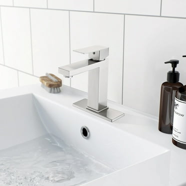 Bathroom Faucet Single Hole, Modern Single Handle Stainless Steel Faucet with Deckplate & Drain Assembly, for Bathroom Sink (Brushed Nickel)