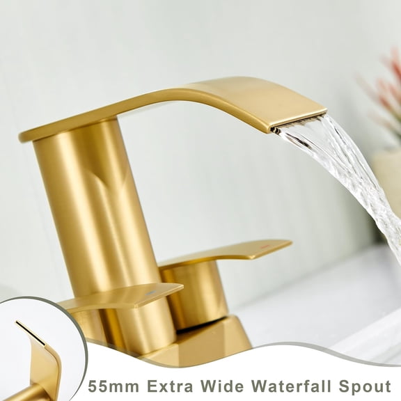 Bathroom Faucet for Sink Brushed Gold, 4 Inch Bathroom Sink Faucet for 3 or 2 Holes, 2 Handle Waterfall Faucets with Pop up Drain, Centerset Faucets for RV