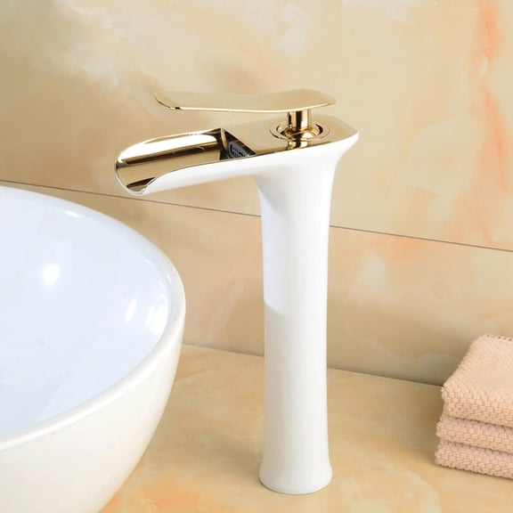 Bathroom Faucet Waterfall, Hot and Cold Sink Mixer Tap Faucet, Solid Brass, Waterfall Single Handle Bathroom Sink Faucet Tall, White Gold