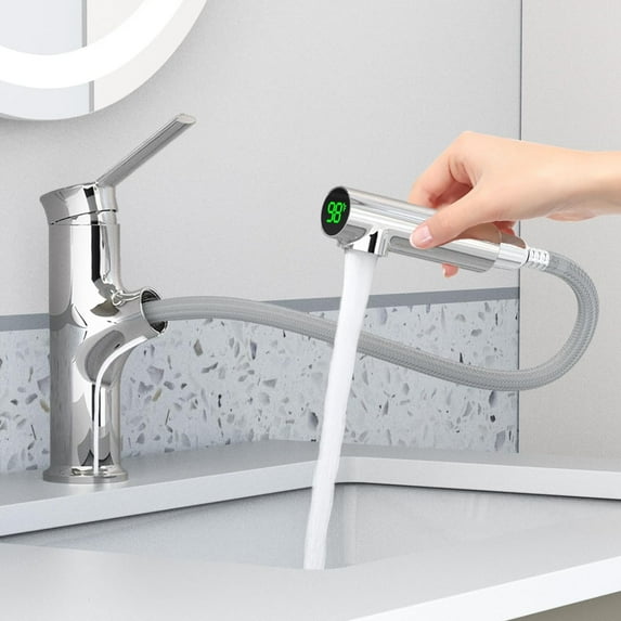 Bathroom Faucet with Pull Out Sprayer, Temperature Digital Display Single Hole Tap
