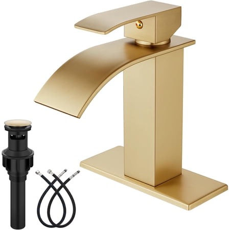 Bathroom Faucet with Waterfall Spout Single Hole or 3-Hole Deck Mount 304 Stainless Steel with Pop-Up Drain RV Vanity Compatible Brushed Gold