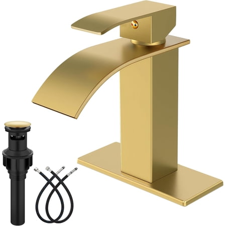 Bathroom Faucet with Waterfall Spout Single Hole or 3 Hole Deck Mount 304 Stainless Steel with Pop Up Drain RV Vanity Compatible Gold