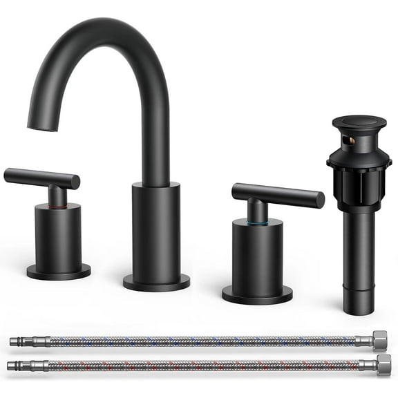 Bathroom Faucets 3 Hole, Matte Black Bathroom Sink Faucet 3 Hole Vanity with 360° Swivel Spout, Suitable for 8 Inch Widespread Sink with Metal Pop-up Drain and cUPC Supply Line, Commercial