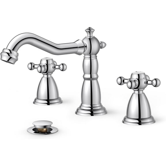 Bathroom Faucets for 3 Hole Sink Polished Chrome, 2-Handle 8 Inch Widespread Antique Vintage Bathroom Sink Faucet for Vanity RV Farmhouse with Metal Pop Up Drain and Supply Lines