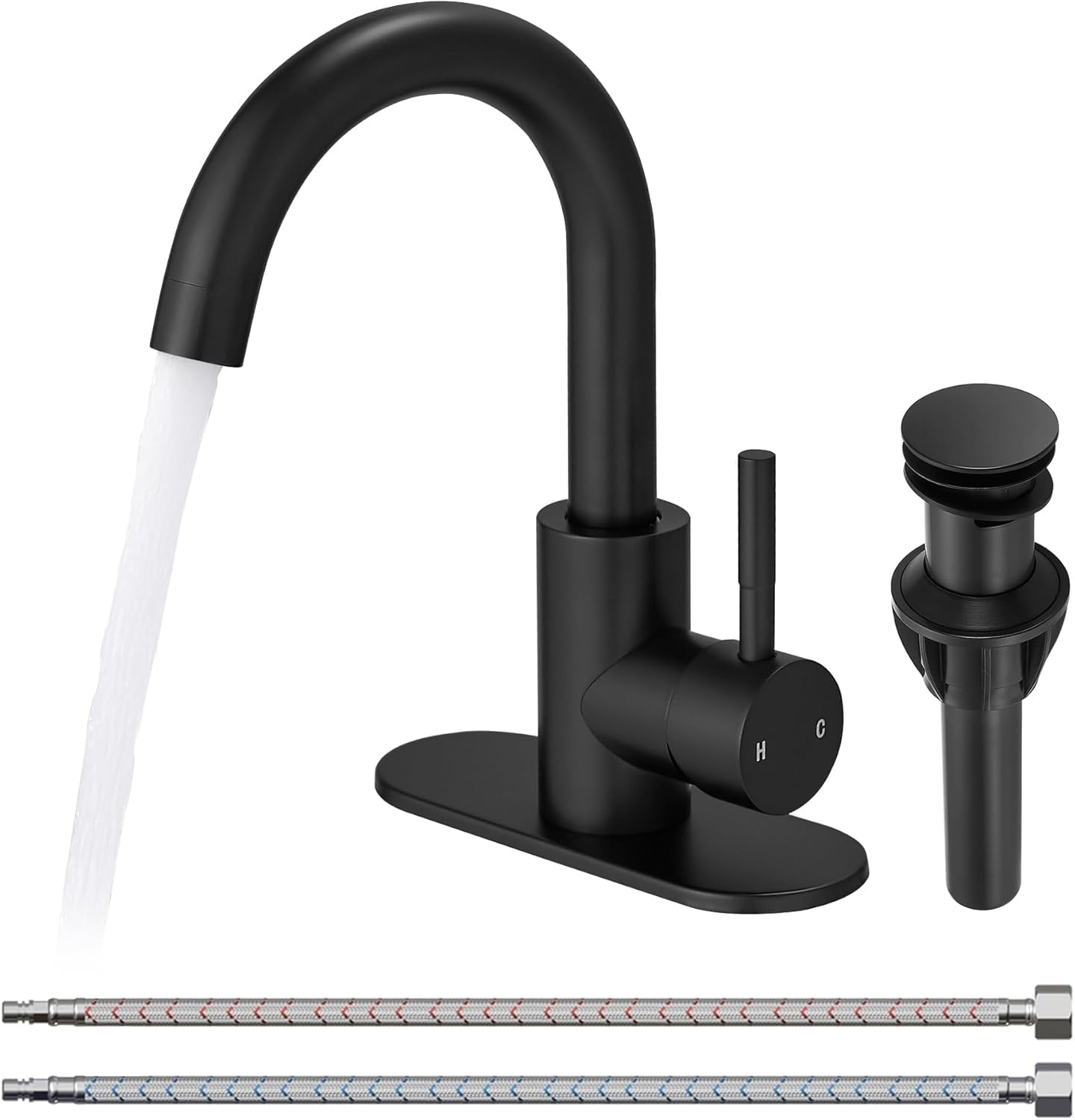Bathroom Faucets, Bar Sink Faucet Single Hole for Bathroom Kitchen Campers with Deck Plate Outdoor Faucet Vessel Farmhouse Vanity Lavatory (Matte Black)