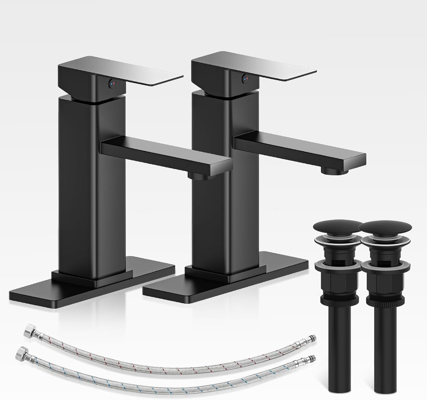 Bathroom Faucets Set with Pop Up Drain, Modern Single Handle Black Bathroom Sink Faucet w/Deck Plate(1 or 3 Hole), Farmhouse RV Vanity Sink Faucet-2 Sets, baño lavamanos Llave