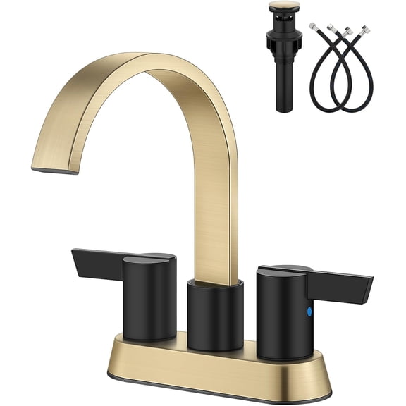 Bathroom Faucets for Sink 3 Hole,4 Inch Centerset Waterfall Faucet 2 Handle for Bathroom Sink with Pop-Up Drain and Supply Lines Brushed Gold and Matte Black