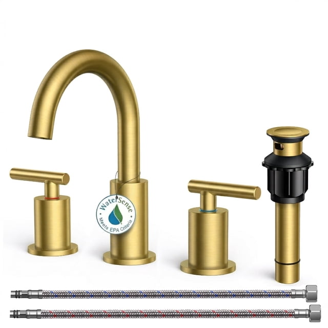 TVOFEK Brushed Gold Bathroom Faucet for Sink, 8 Inch Widespread 2‑Handle Vanity Faucets, 316 Stainless Steel with Metal Drain & Supply Hoses, WaterSense Certified