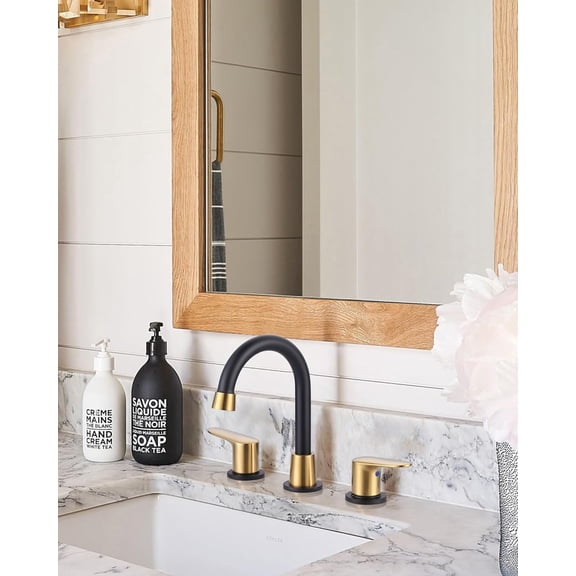 Bathroom Faucets for Sink 3 Hole, Black and Gold Bathroom Faucet with Push-Pop Drain and 2 Supply Lines,Lead-Free 8 Inch Widespread Bathroom Sink Faucets for Restroom Vanity Camper RV Sink