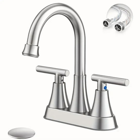 Bathroom Faucets for Sink 3 Hole, Hurran 4 inch Brushed Nickel Bathroom Sink Faucet with Pop-up Drain and Supply Lines, Stainless Steel Centerset Faucets for Sink Vanity