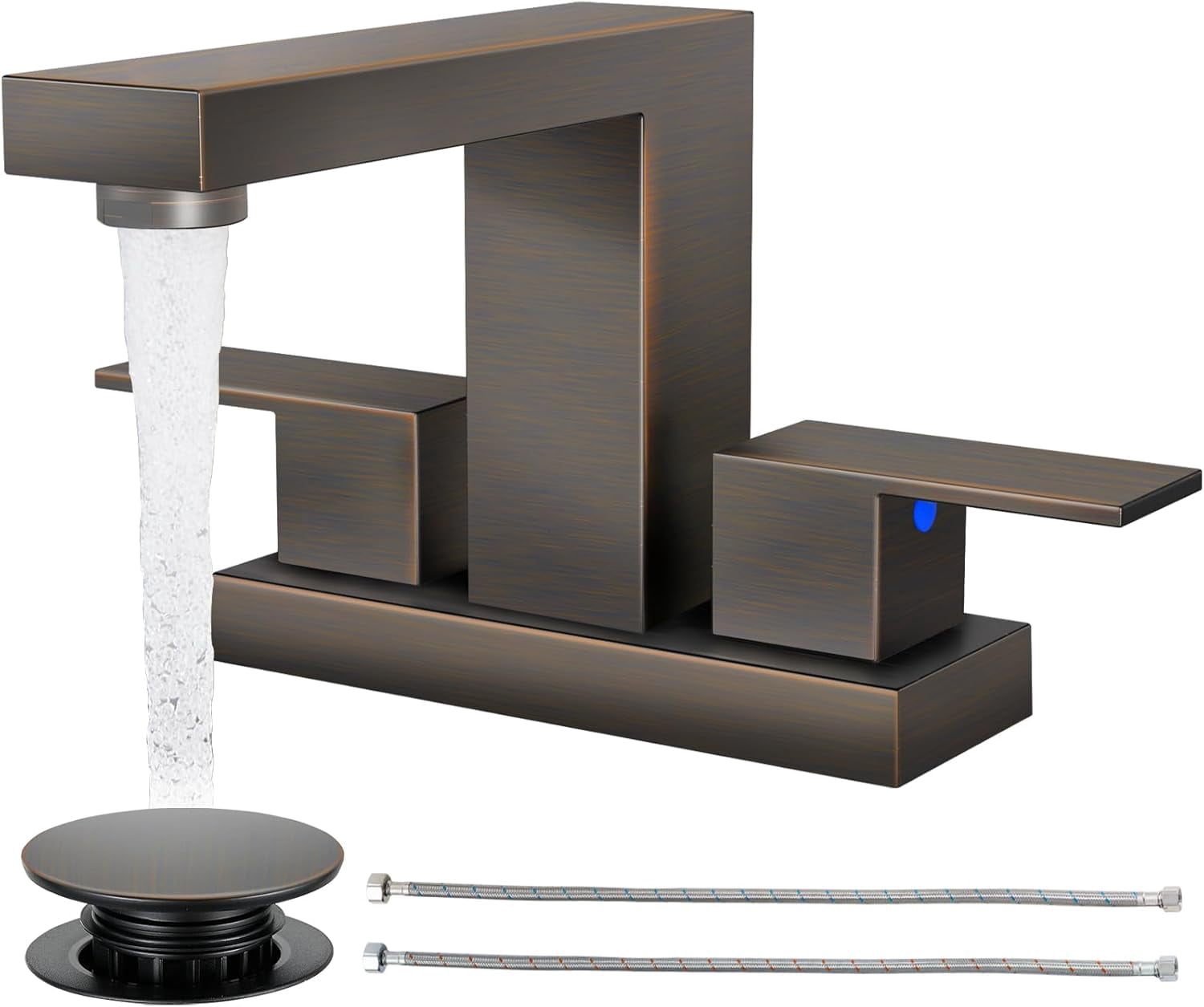 Bathroom Faucets for Sink 3 Hole, Oil Rubbed  Bathroom Sink Faucet Square 4 Inch Centerset with Pop-Up Drain, 2 Handle and 2  Hoses,  Stainless  for Vanity Rv