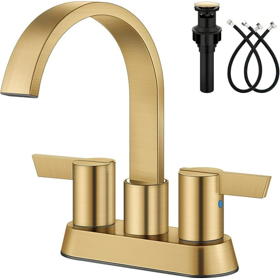 Bathroom Faucets for Sink 3 Hole,4 Inch Centerset Waterfall Faucet 2 Handle for Bathroom Sink with Pop-Up Drain and Supply Lines Brushed Gold