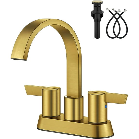 Bathroom Faucets for Sink 3 Hole,4 Inch Centerset Waterfall Faucet 2 Handle for Bathroom Sink with Pop-Up Drain and Supply Lines Brushed Gold
