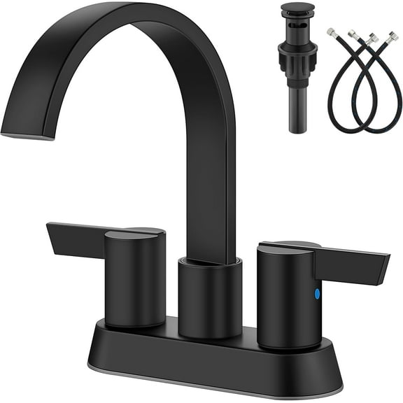 Bathroom Faucets for Sink 3 Hole,4 Inch Centerset Waterfall Faucet 2 Handle for Bathroom Sink with Pop-Up Drain and Supply Lines Matte Black