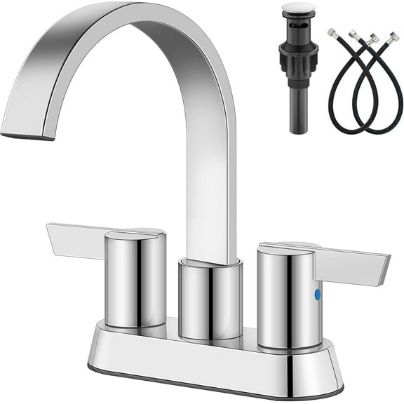 Bathroom Faucets for Sink 3 Hole,4 Inch Centerset Waterfall Faucet 2 Handle for Bathroom Sink with Pop-Up Drain and Supply Lines Polish Chrome