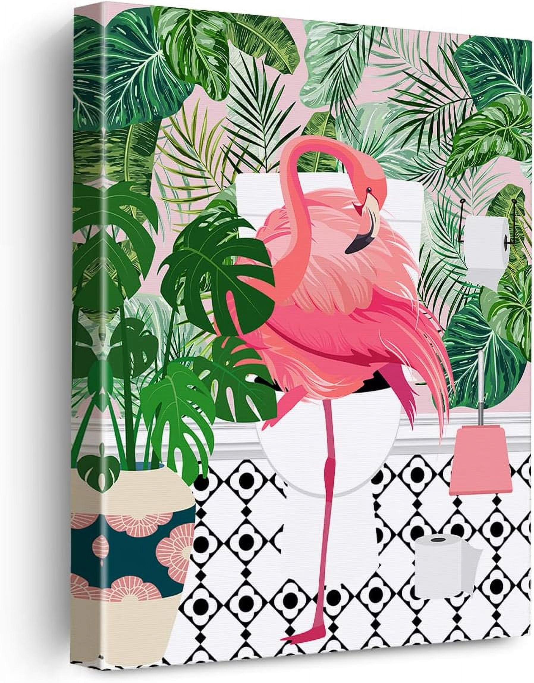 Bathroom Flamingo on Toilet Reading Newspaper Canvas Poster Painting ...