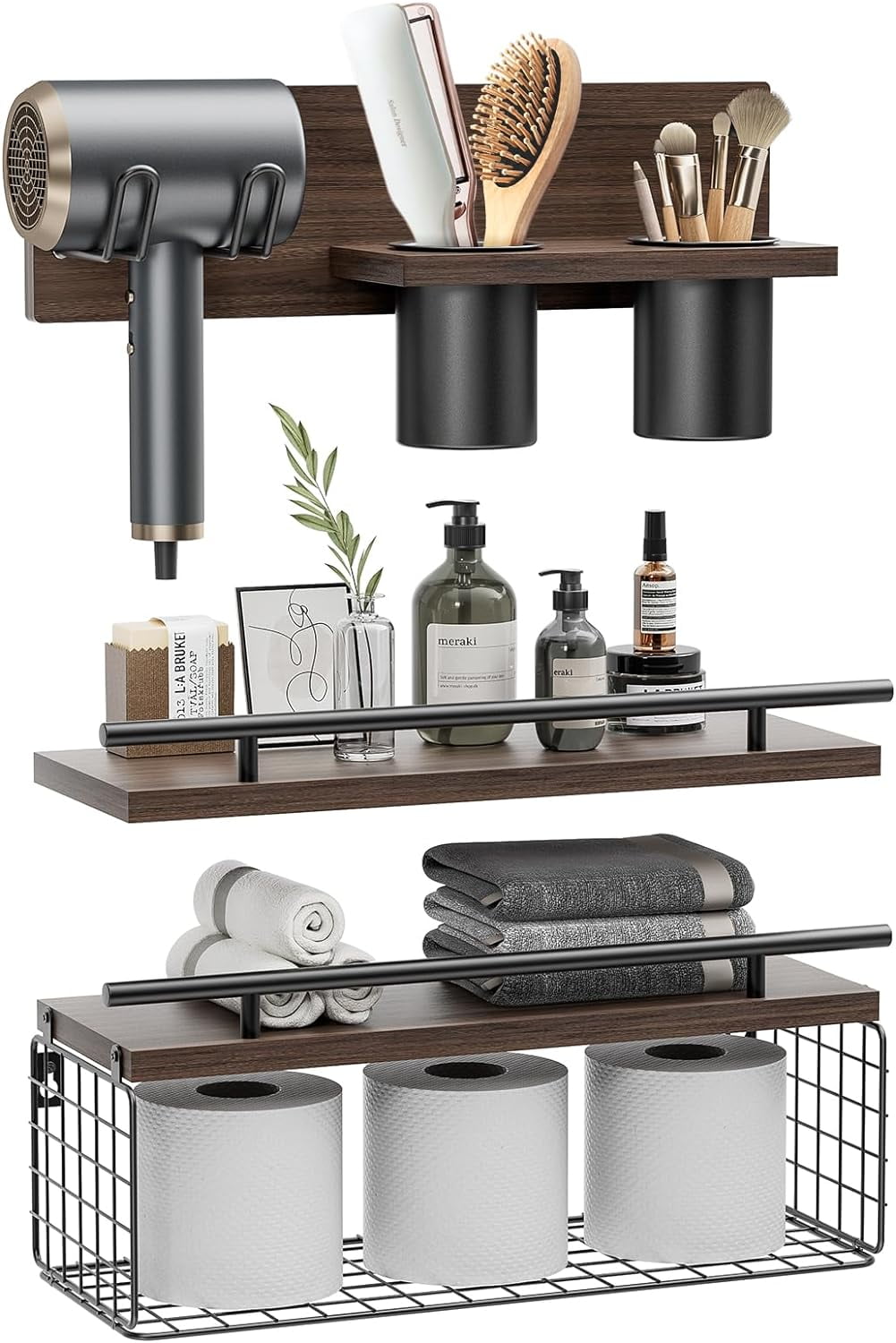 Bathroom Floating Shelves with Hair Dryer Holder - Wall Mounted Wood ...