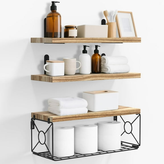 Cshidworld Floating Shelves for Wall with Toilet Paper Storage Basket, Bathroom Shelves Over Toilet, 16" Floating Shelf Wall Shelves for Bathroom Organizers Storage, Rustic Brown