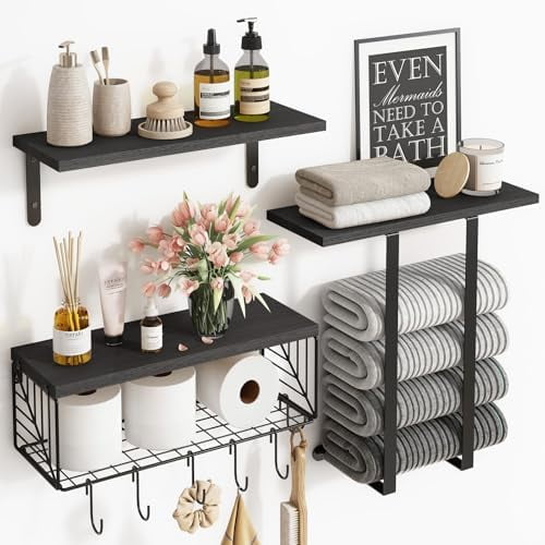 Bathroom Floating Shelves Over Toilet Wall Shelves Set with Towel Storage Rack for Bathroom Organization & Wall Decor(Black)
