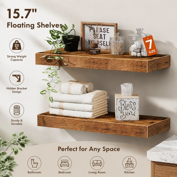 Bathroom Floating Shelves Wall Mounted - 15.7" Over Toilet Rustic Brown Set of 2 Farmhouse Décor Storage Organizer