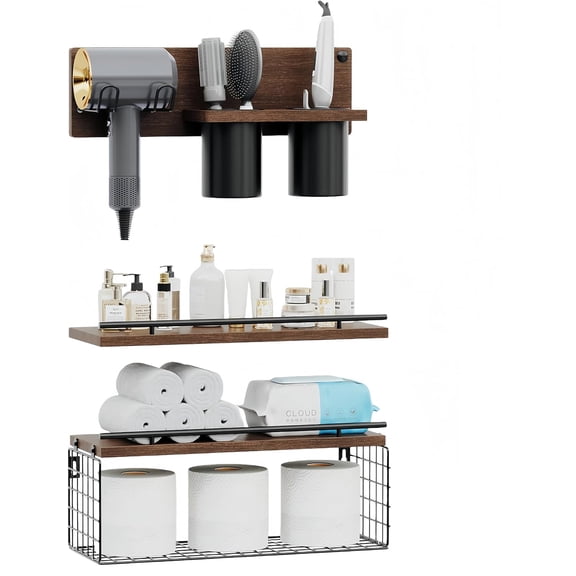 Bathroom Floating Shelves Wall Mounted Set of 3, Bathroom Wall Shelf with Blow Dryer Holder & Hair Tool Organizer, Above Toilet Floating Shelves, Modern Farmhouse