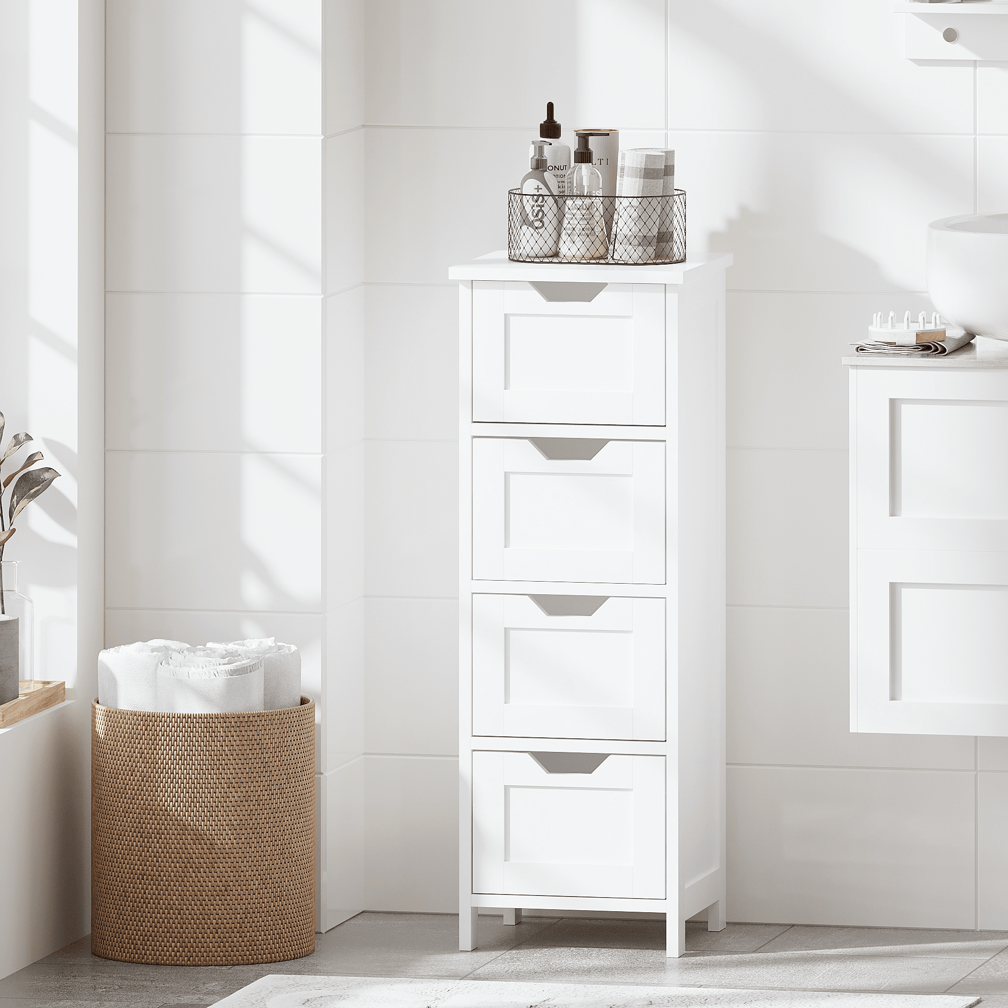 Bathroom Floor Cabinet with 4 Drawers, Freestanding Wooden Storage Organizer for Bathroom, Hallway or Living Room, Narrow White Side Cabinet with Space-Saving Vertical Design, White