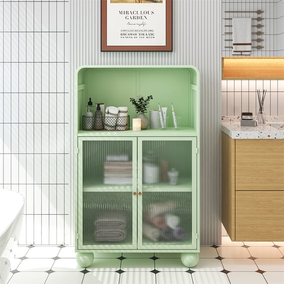 Bathroom Floor Cabinet, 45" H Storage Cabinet with Glass Door and Shelves, Freestanding Display Cabinet for Bathroom Living Room Kitchen Hallway Home Office