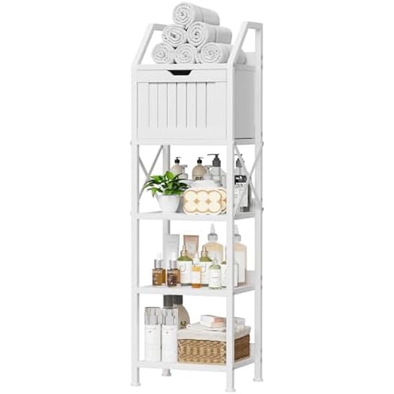 Bathroom Floor Cabinet, 5-Tier Bathroom Storage Organizer Rack with Drawer, Multifunctional Corner Unit, 47.24 Inches in Height, White