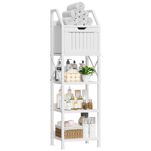 Bathroom Floor Cabinet, 5-Tier Bathroom Storage Organizer Rack with Drawer, Multifunctional Corner Unit, 47.24 Inches in Height, White