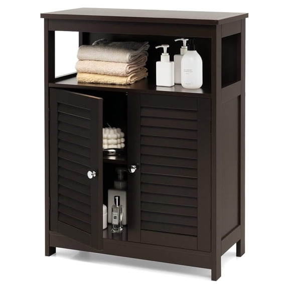 Bathroom Floor Cabinet Espresso, Wooden Storage Organizer with Adjustable Shelf, Double Shutter Doors, 23.5x12x31.5 Inch, Side Cabinet