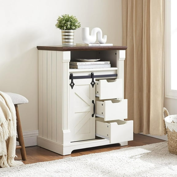 Bathroom Floor Cabinet, Farmhouse Storage Cabinet with Sliding Barn Door, Small Storage Cabinet with Drawer for Bathroom, Kitchen, Living Room, Rustic Style (Antique White)