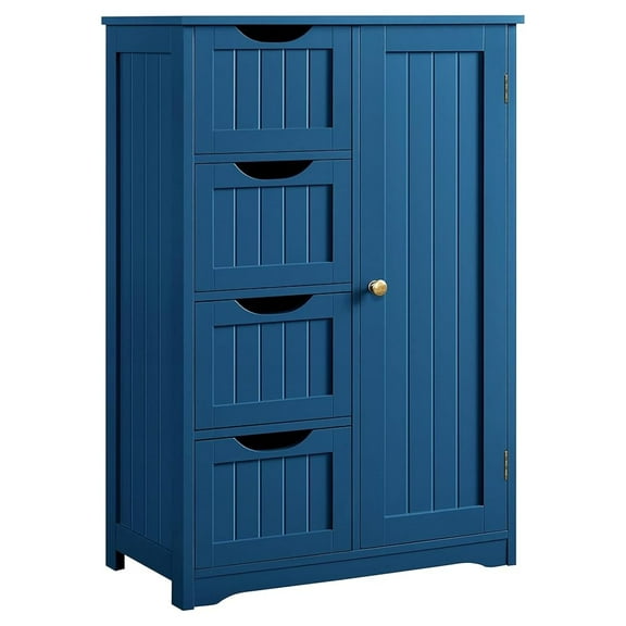 Bathroom Floor Cabinet, Free Standing Side Cabinet with 4 Drawers & 3 Tier Storage, Navy Blue