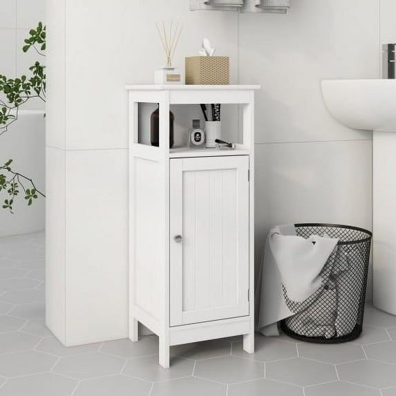 Bathroom Floor Cabinet,Free Standing Storage Organizer with Single Door & Adjustable Shelf, Narrow Side Cabinet for Living Room, White