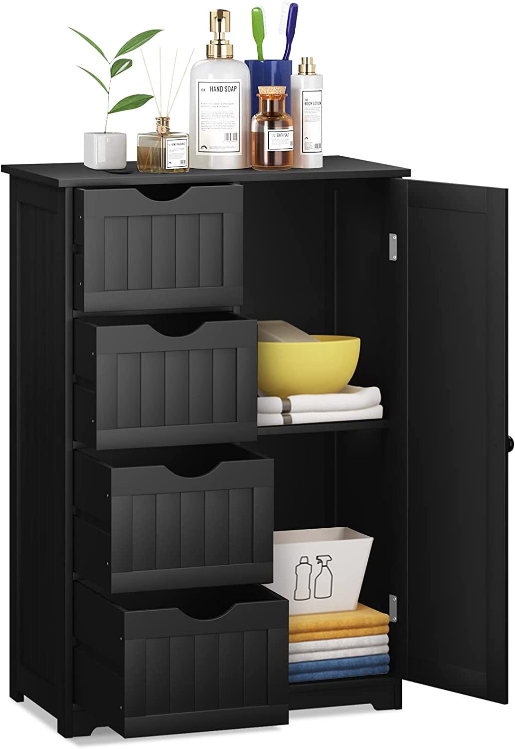 Bathroom Floor Cabinet, Freestanding Storage Cabinet with 4 Drawers & Single Door, Adjustable ...