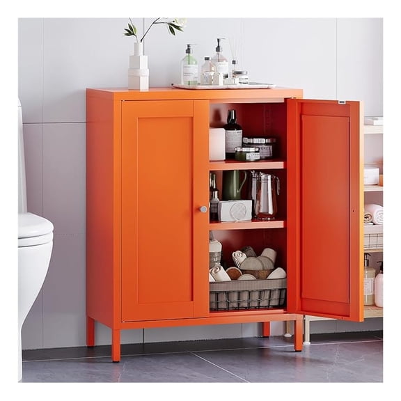 Bathroom Floor Cabinet,Metal Storage Cabinet,Freestanding Sideboard with 2 Doors & 2 Adjustable Shelves,Modern Metal Storage Locker for Bathroom,Living Room,Entryway,Orange
