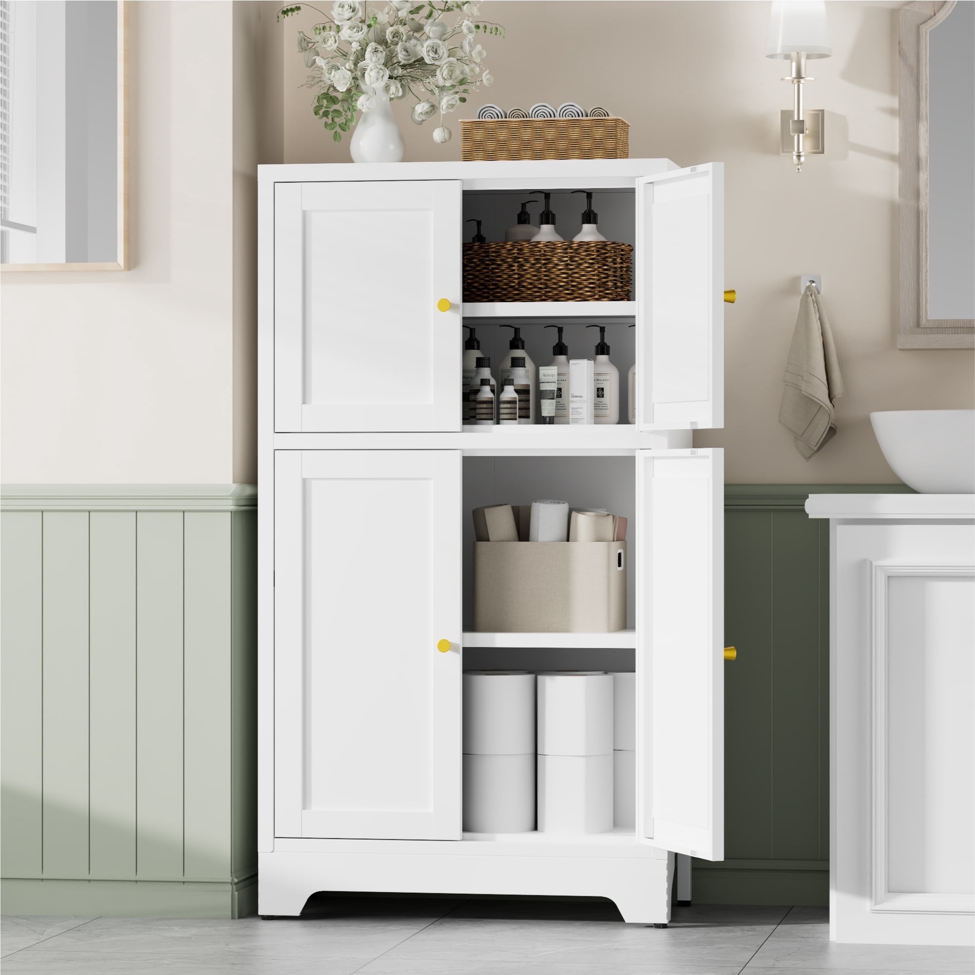 Elegant Bathroom Floor Cabinet,Metal Storage Cabinet,Sideboard with 4 Doors,Modern Metal Storage Locker for Bathroom,Living Room,Entryway,White