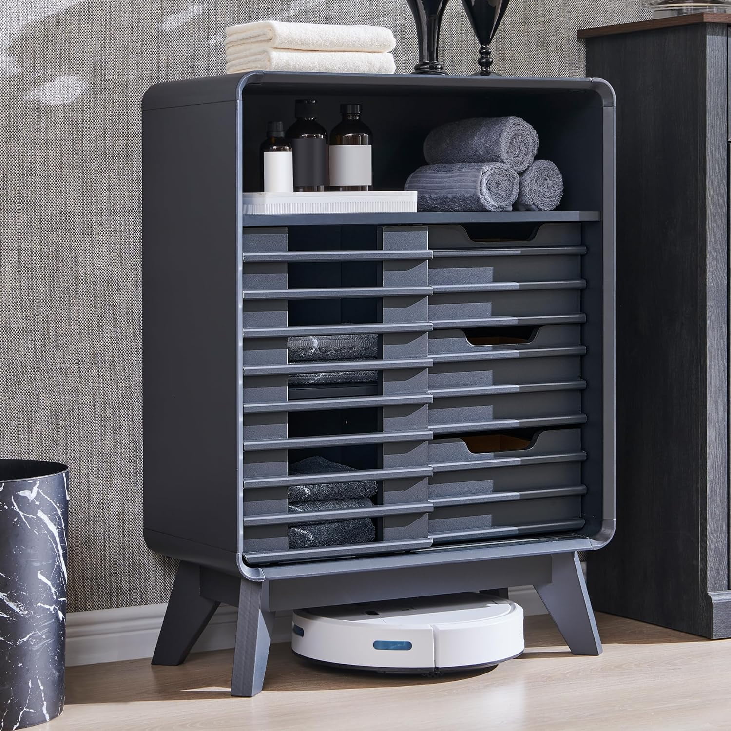 Bathroom Floor Cabinet Mid-Century Storage Cabinet with Slatted Sliding ...