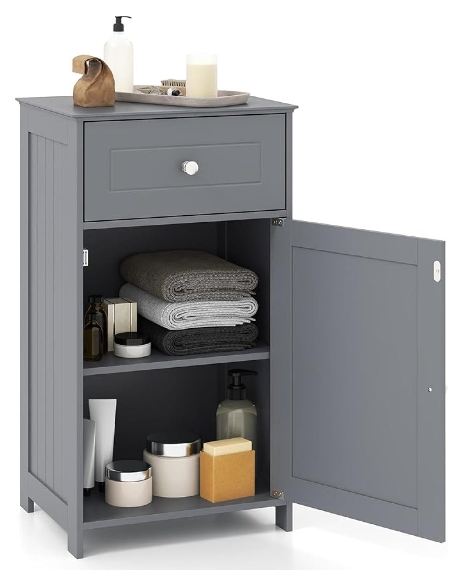 Bathroom Floor Cabinet, Single Door Side Storage Cabinet with Drawer, Wooden Storage Organizer for Bathroom, Living Room, Entryway, 17 x 13.5 x 30.5 inches (Grey)