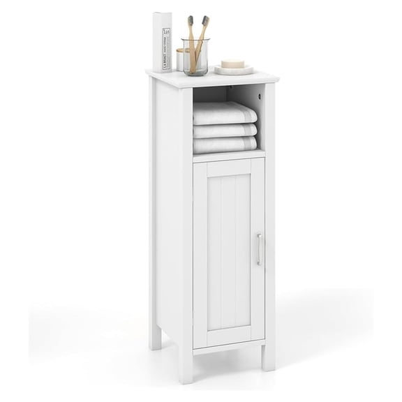 Bathroom Floor Cabinet, Single Door Storage Organizer with Open Compartment & Adjustable Shelf, Modern Storage Cabinet for Bathroom, Living Room, Study, Kitchen (White)