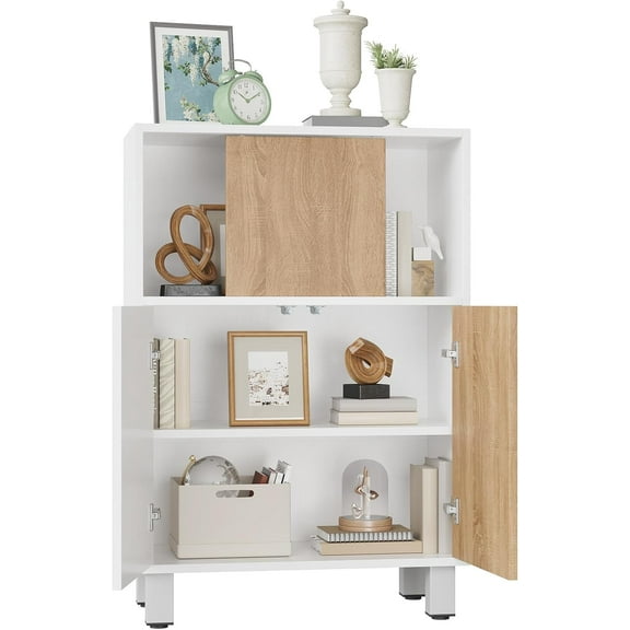 Bathroom Floor Cabinet with Sliding Door, Modern Kitchen Buffet Sideboard Cabinet with Adjustable Shelf, Accent Bookshelf for Small Space or Corner, Wooden Entryway Narrow Storage Cabinets