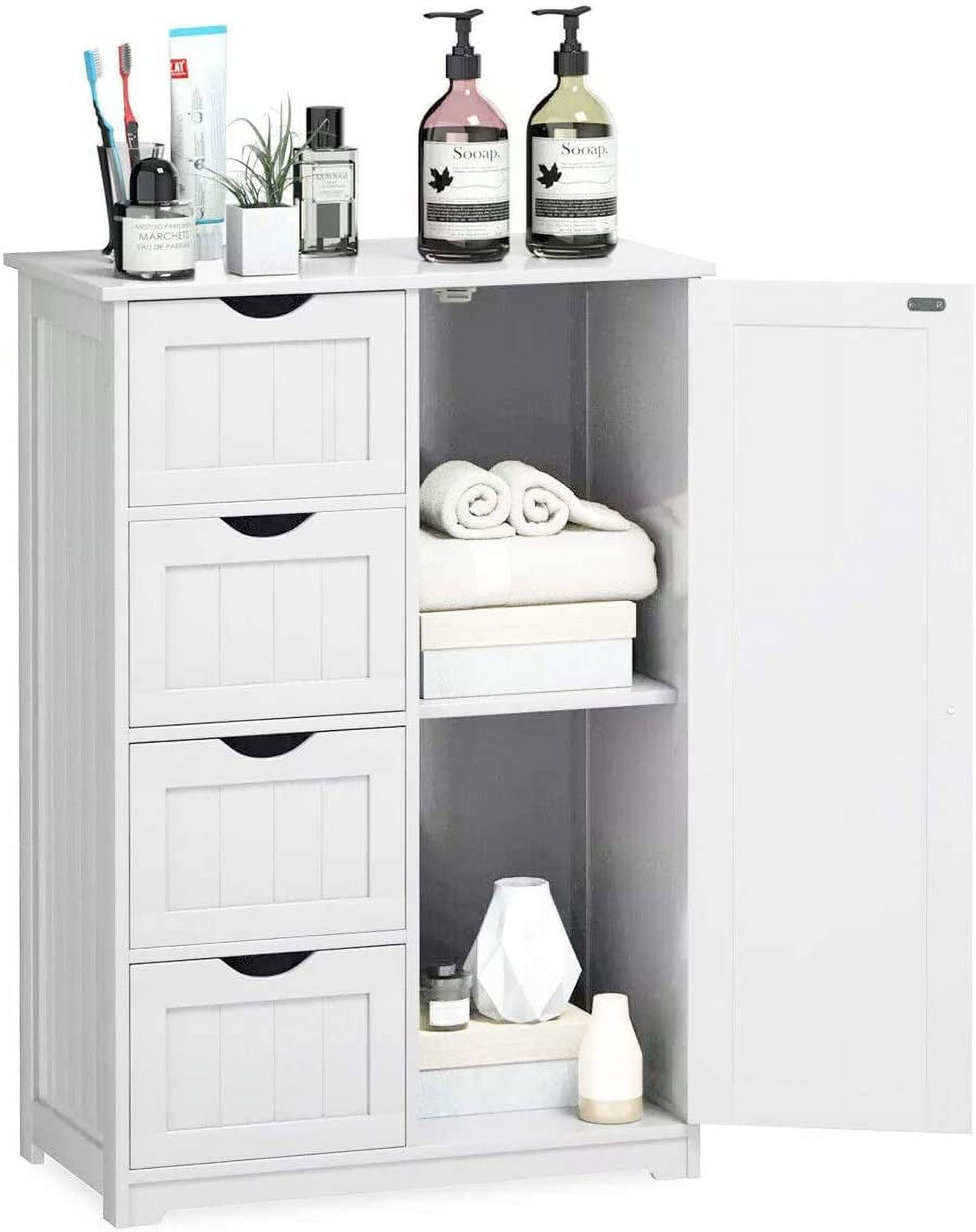 Bathroom Floor Cabinet White Wooden Free Standing Storage Organizer ...