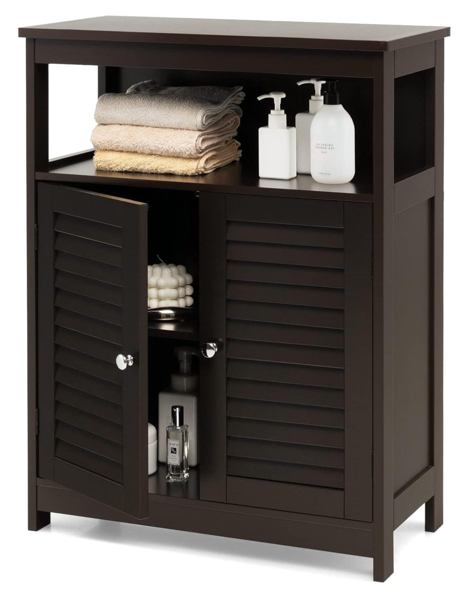 Bathroom Floor Wooden Storage with Double Shutter