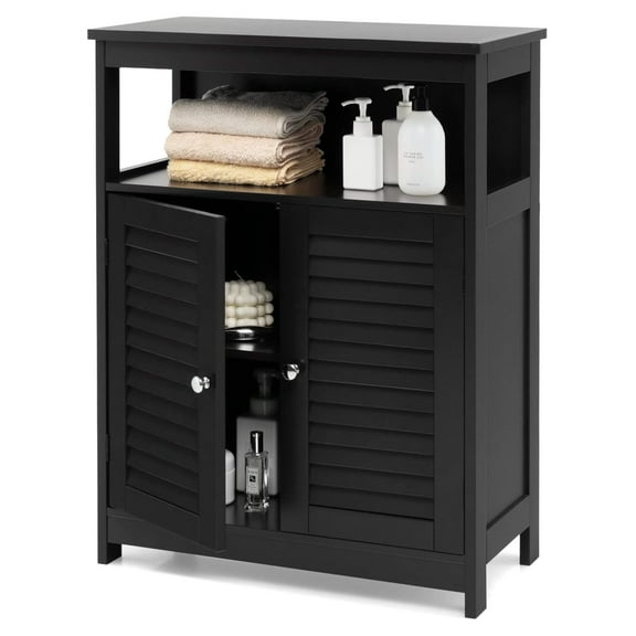 Bathroom Floor Cabinet, Wooden Storage Cabinet with Double Shutter Doors & 3-Position Adjustable Shelf, Side Storage Organizer Cabinet, 23.5 x 12 x 31.5 inches (Black)